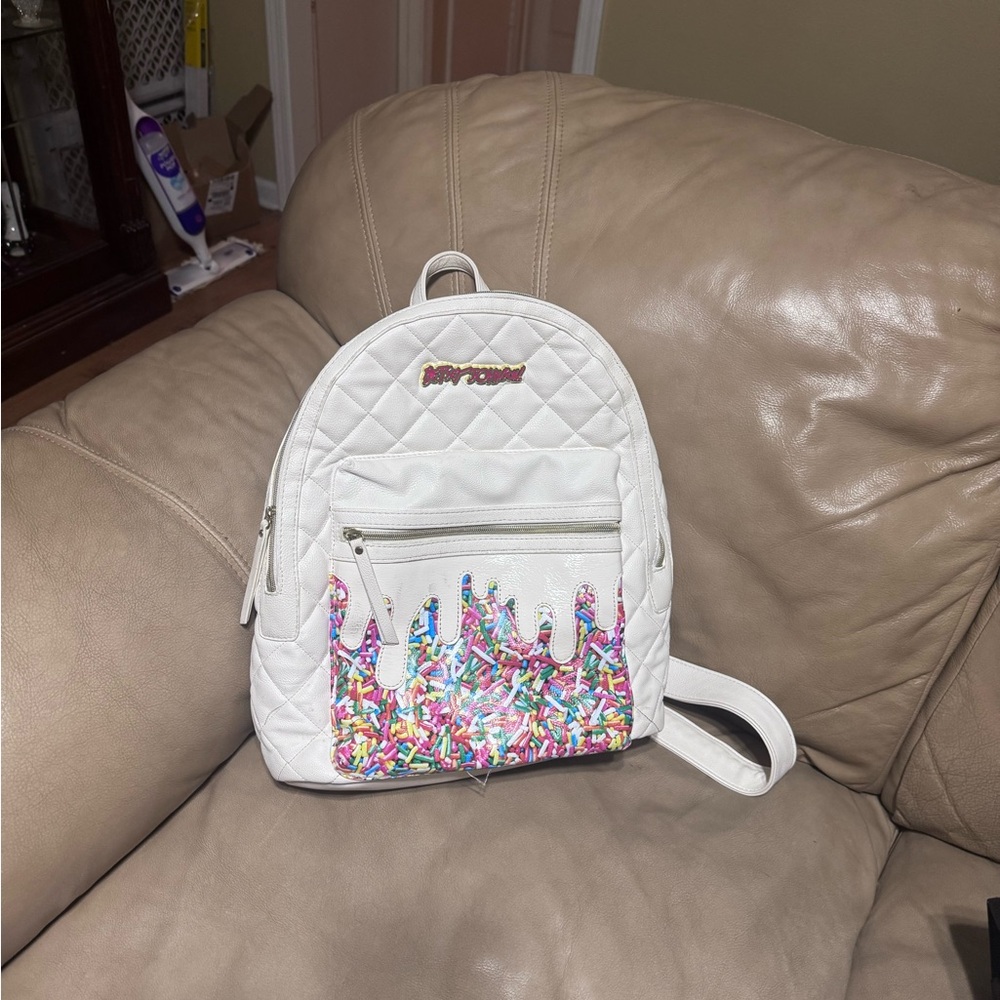 Betsey Johnson White Backpack with Colorful Sprinkle Design